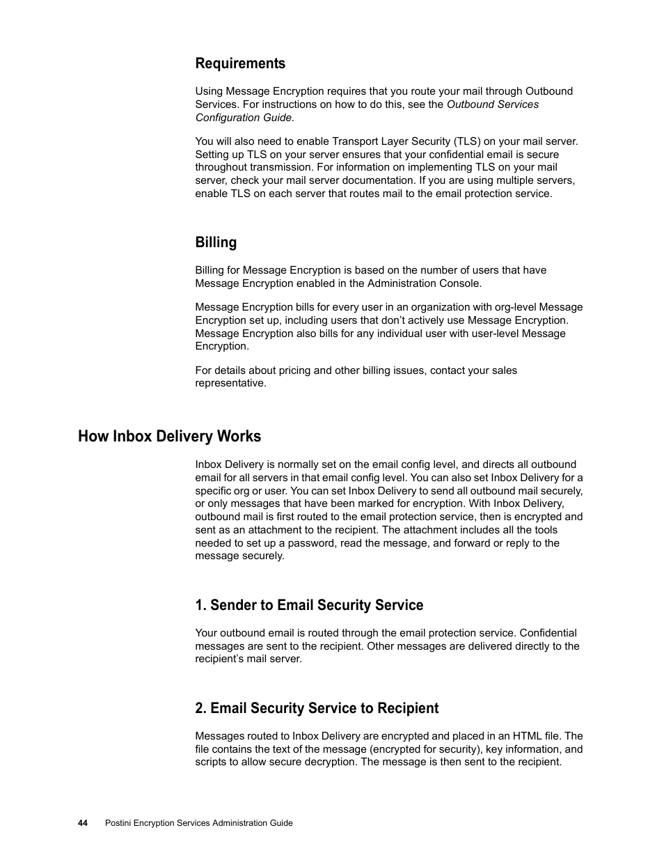 Requirements, Billing, How inbox delivery works | Sender to email security service, Email security service to recipient | Google Message Encryption Administration Guide User Manual | Page 43 / 59
