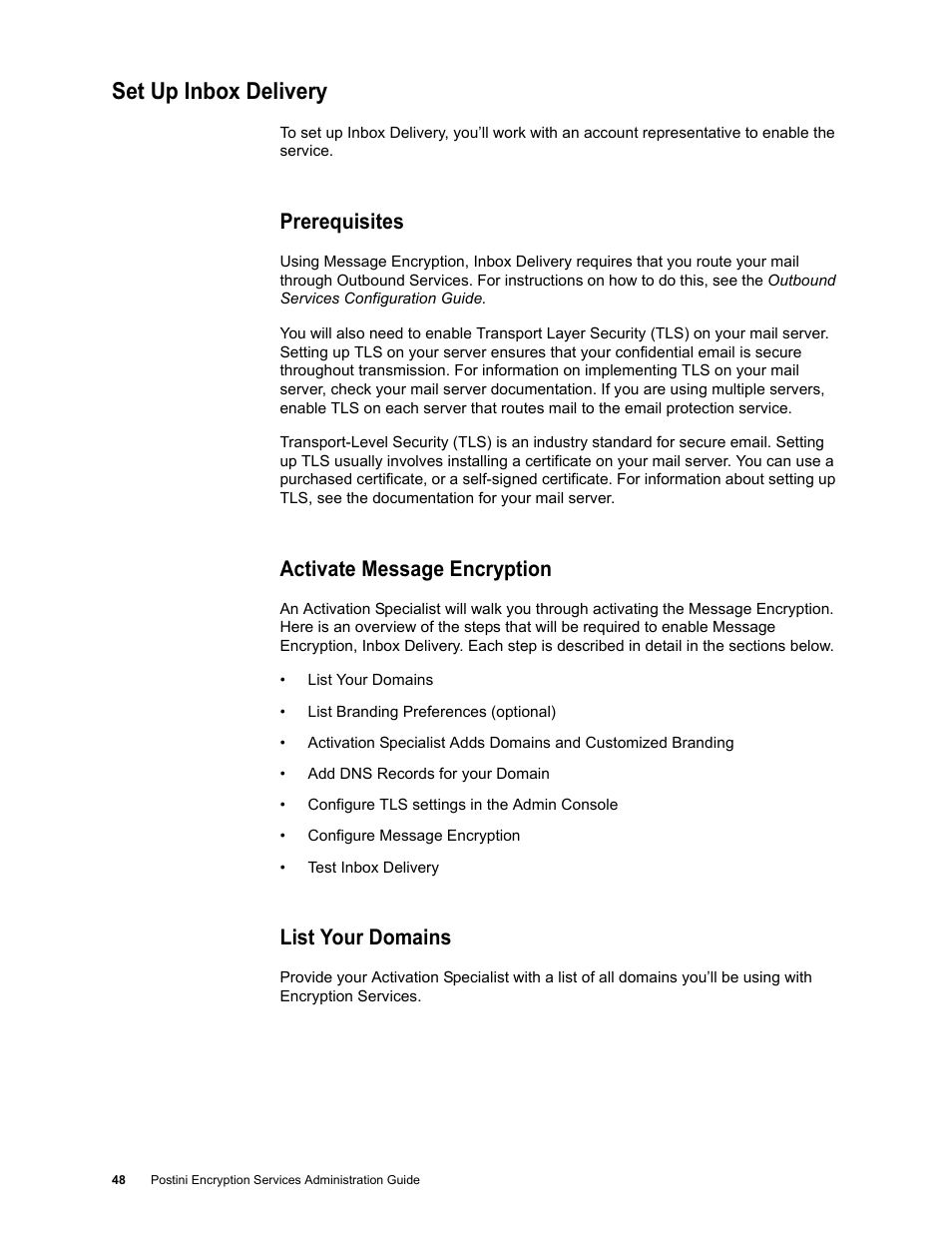 Set up inbox delivery, Prerequisites, Activate message encryption | List your domains | Google Message Encryption Administration Guide User Manual | Page 47 / 59
