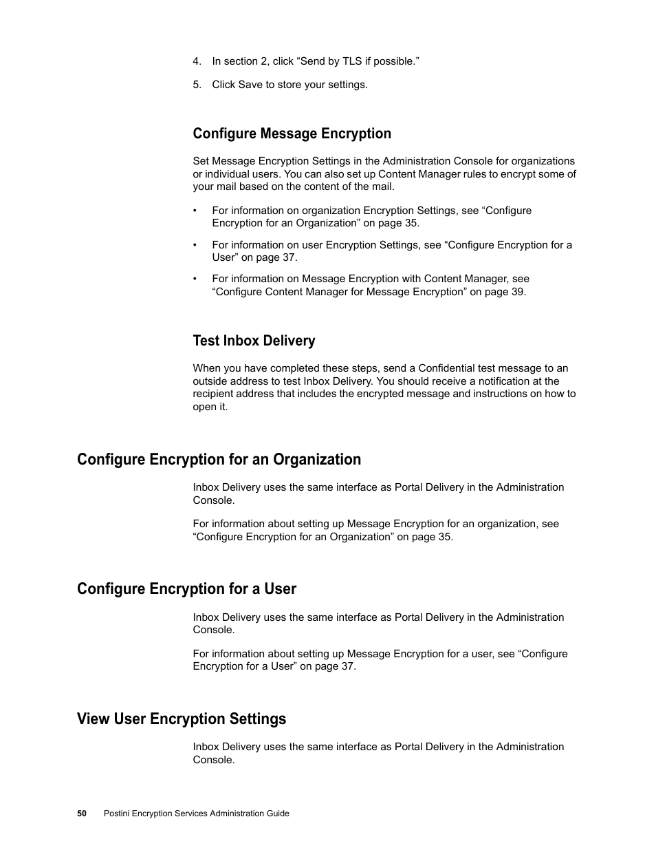 Configure message encryption, Test inbox delivery, Configure encryption for an organization | Configure encryption for a user, View user encryption settings | Google Message Encryption Administration Guide User Manual | Page 49 / 59