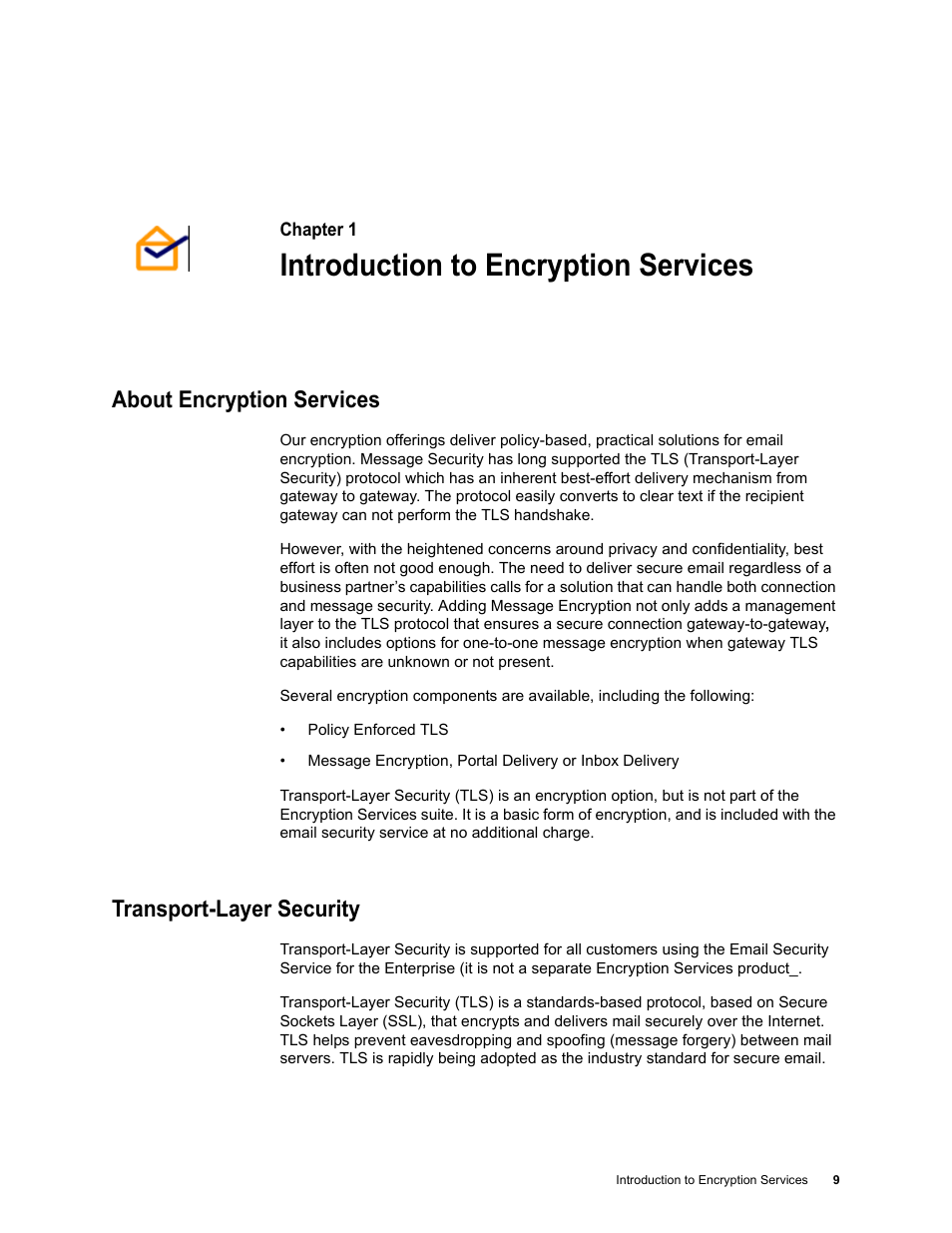 Introduction to encryption services, About encryption services, Transport-layer security | Chapter 1: introduction to encryption services | Google Message Encryption Administration Guide User Manual | Page 8 / 59