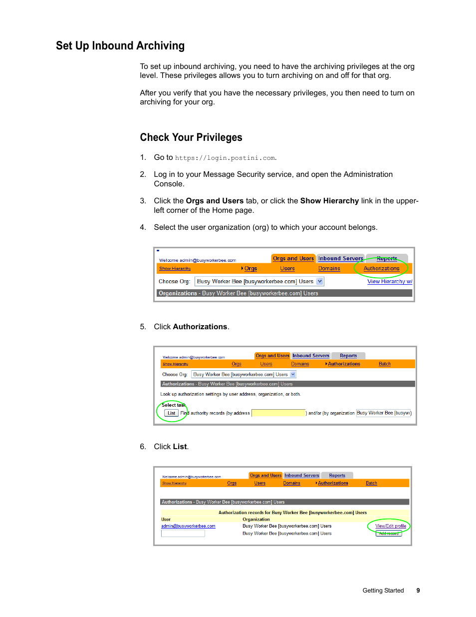 Set up inbound archiving, Check your privileges | Google Message Archiving Quick Start User Manual | Page 9 / 26
