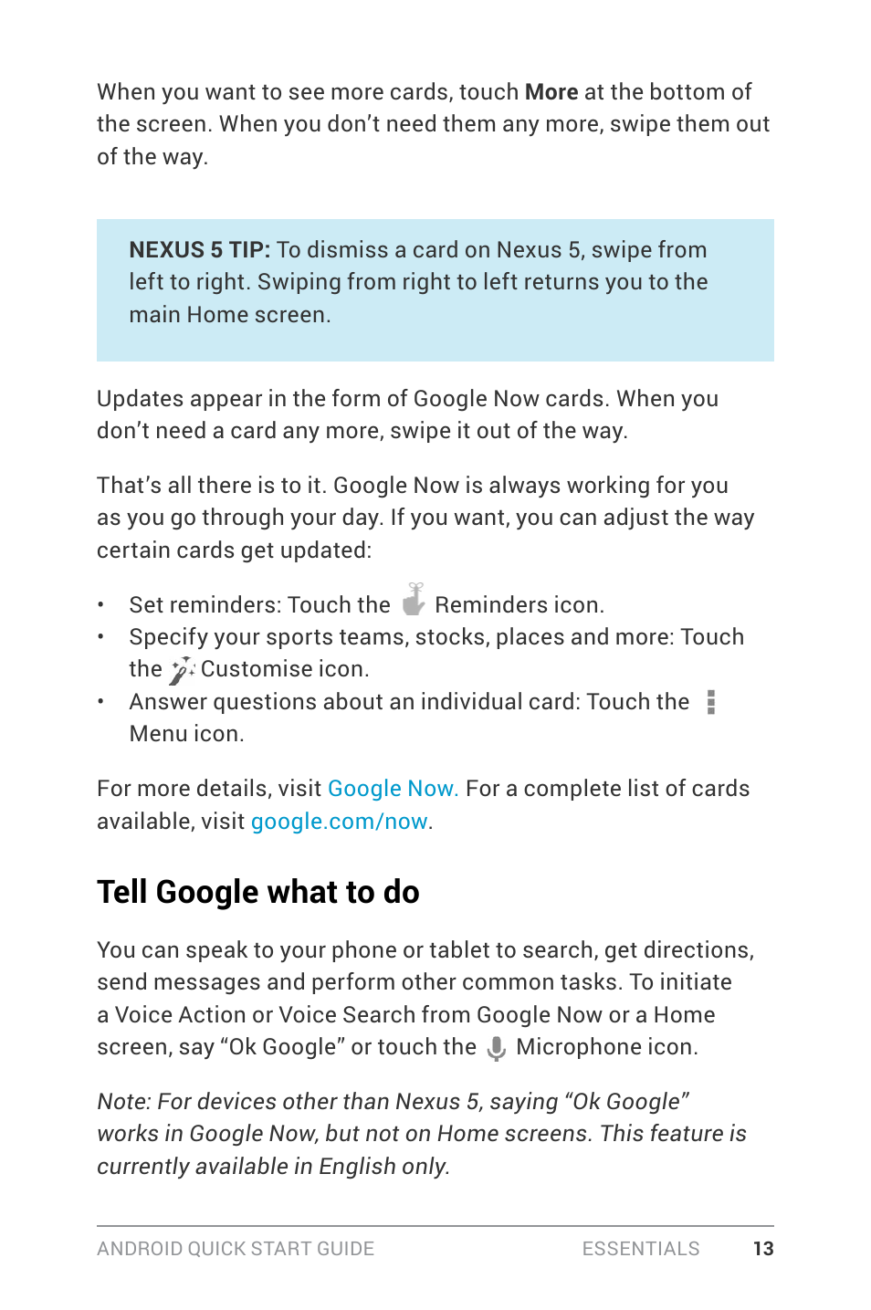 Tell google what to do | Google ANDROID Quick Start Guide (4.4, KitKat) User Manual | Page 17 / 54