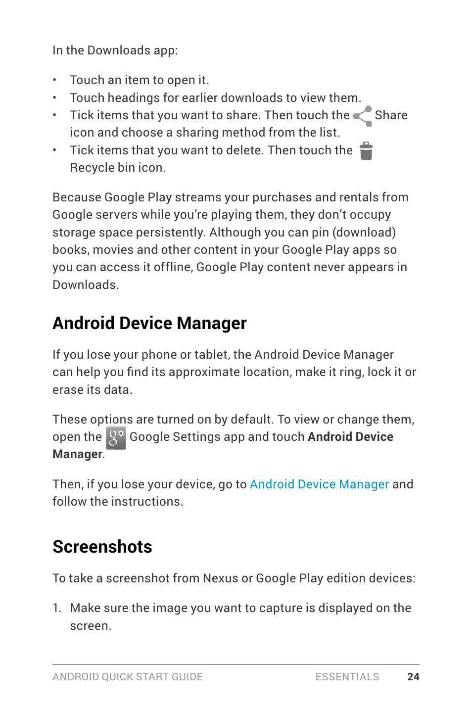Android device manager, Screenshots, Screenshots 24 | Google ANDROID Quick Start Guide (4.4, KitKat) User Manual | Page 28 / 54