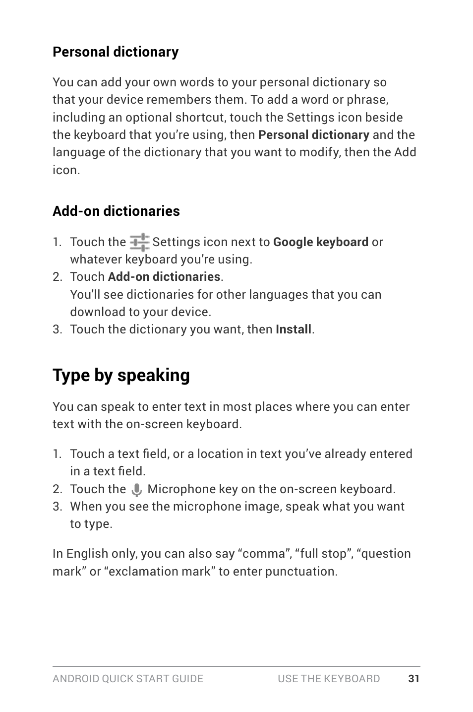 Type by speaking | Google ANDROID Quick Start Guide (4.4, KitKat) User Manual | Page 35 / 54