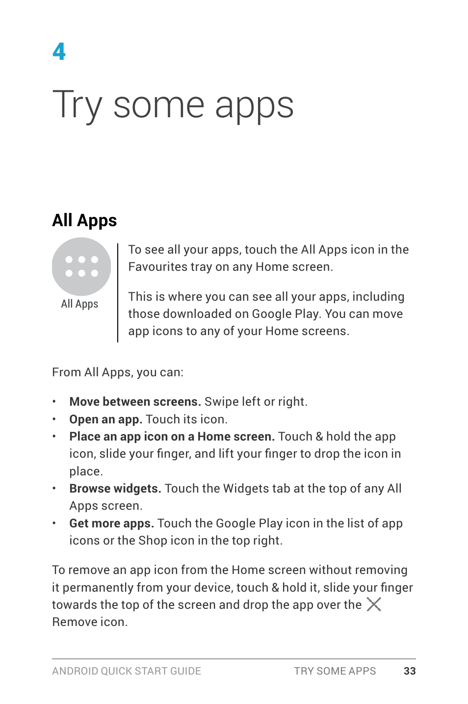 4 try some apps, Try some apps, All apps | Google ANDROID Quick Start Guide (4.4, KitKat) User Manual | Page 37 / 54