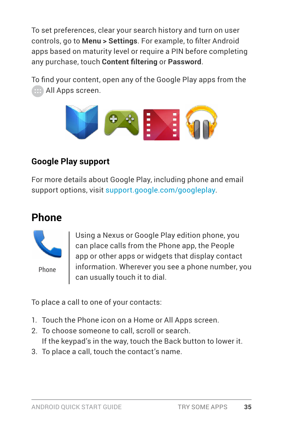 Phone, Phone 35 | Google ANDROID Quick Start Guide (4.4, KitKat) User Manual | Page 39 / 54