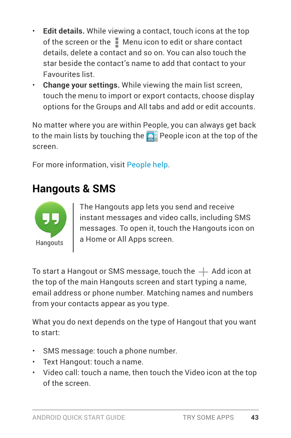 Hangouts & sms | Google ANDROID Quick Start Guide (4.4, KitKat) User Manual | Page 47 / 54