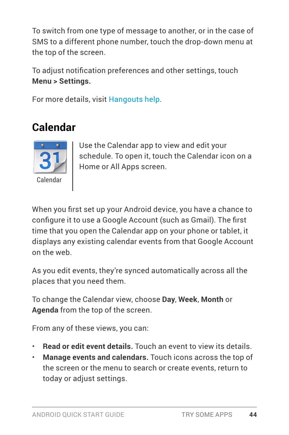 Calendar, Calendar 44 | Google ANDROID Quick Start Guide (4.4, KitKat) User Manual | Page 48 / 54