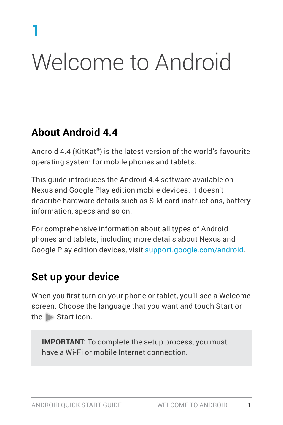 1 get started, Welcome to android, About android 4.4 | Set up your device, 1 welcome to android | Google ANDROID Quick Start Guide (4.4, KitKat) User Manual | Page 5 / 54