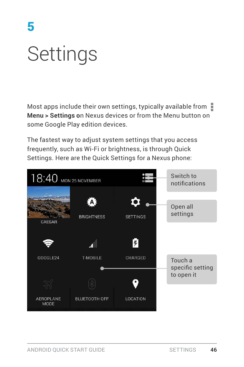 Settings, 5 settings | Google ANDROID Quick Start Guide (4.4, KitKat) User Manual | Page 50 / 54
