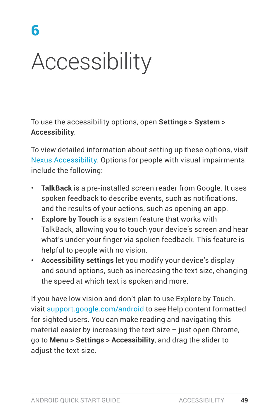 7 accessibility, Accessibility | Google ANDROID Quick Start Guide (4.4, KitKat) User Manual | Page 53 / 54
