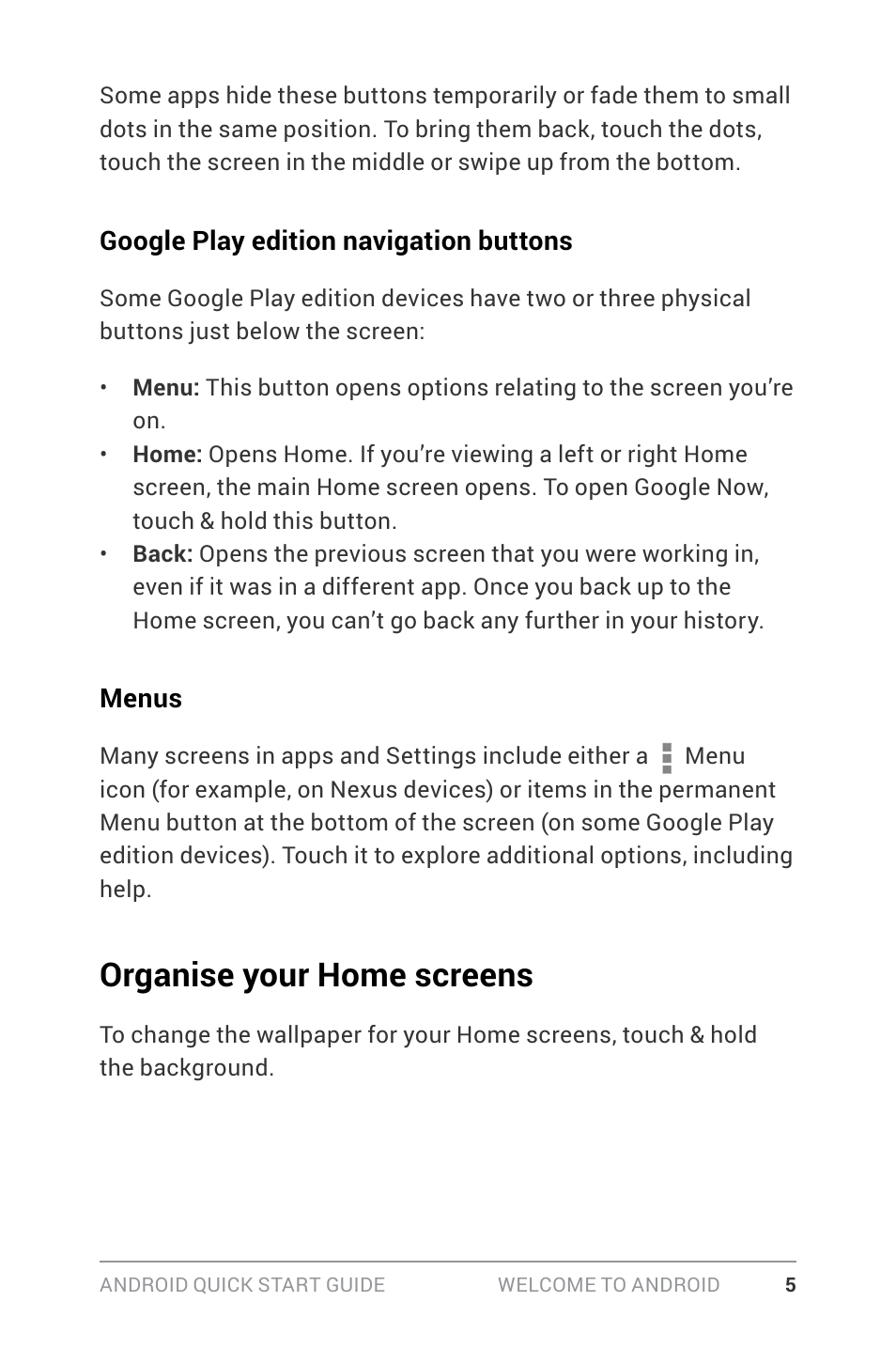 Organise your home screens | Google ANDROID Quick Start Guide (4.4, KitKat) User Manual | Page 9 / 54