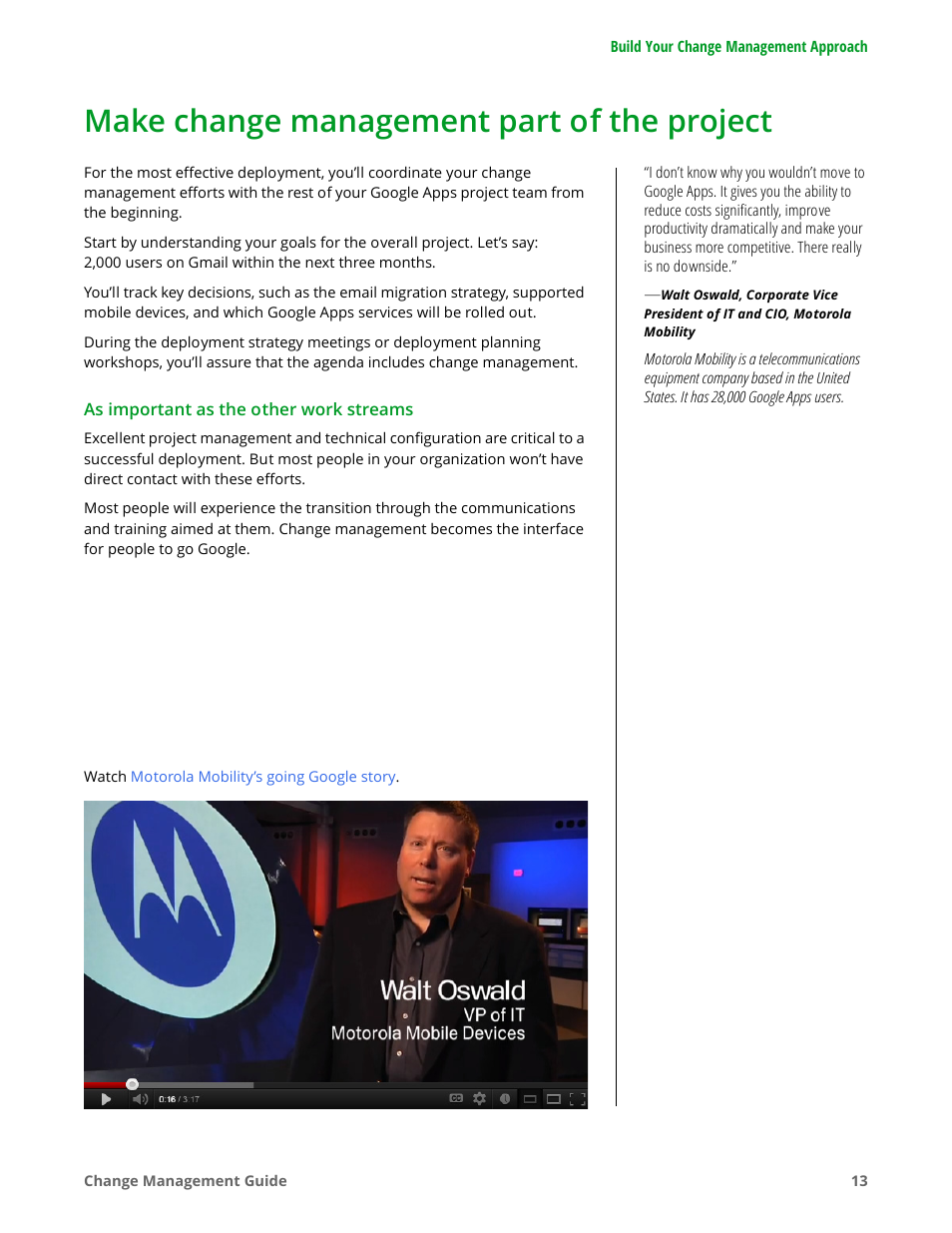 Make change management part of the project | Google Apps for Work User Manual | Page 13 / 120