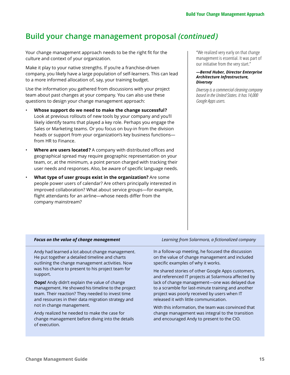 Build your change management proposal (continued) | Google Apps for Work User Manual | Page 15 / 120