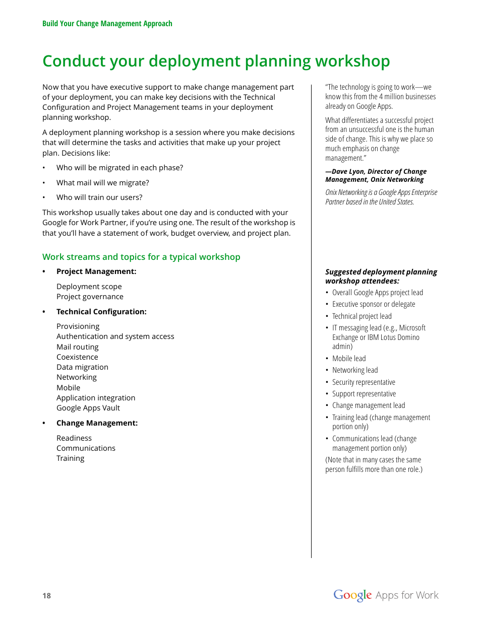Conduct your deployment planning workshop | Google Apps for Work User Manual | Page 18 / 120
