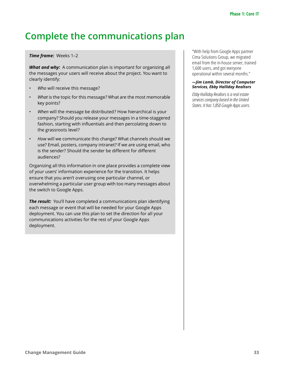 Complete the communications plan | Google Apps for Work User Manual | Page 33 / 120