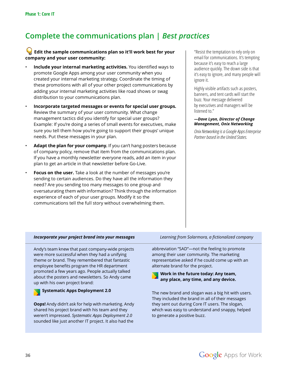 Complete the communications plan | best practices | Google Apps for Work User Manual | Page 36 / 120