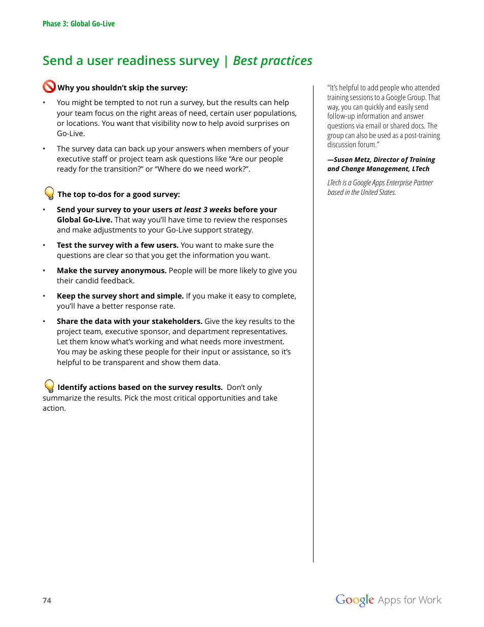 Send a user readiness survey | best practices | Google Apps for Work User Manual | Page 74 / 120
