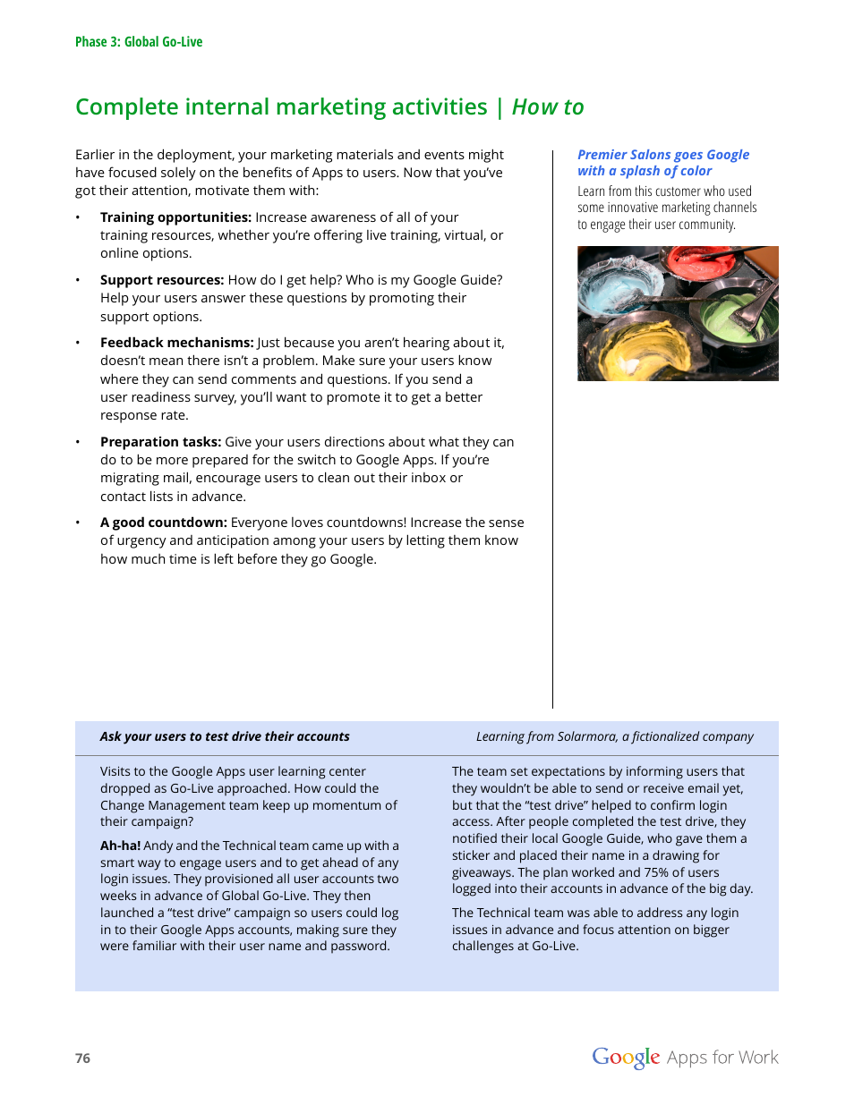 Complete internal marketing activities | how to | Google Apps for Work User Manual | Page 76 / 120