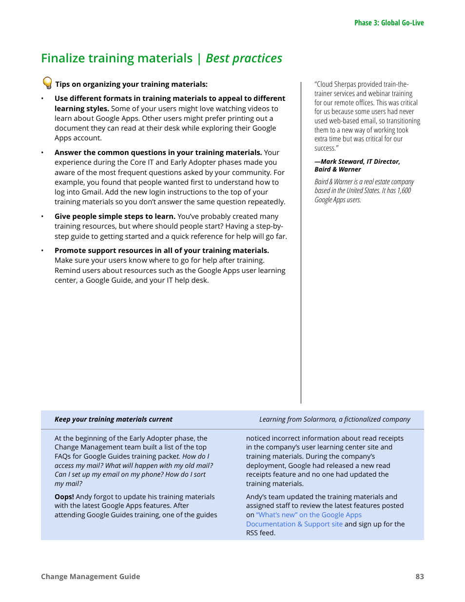 Finalize training materials | best practices | Google Apps for Work User Manual | Page 83 / 120