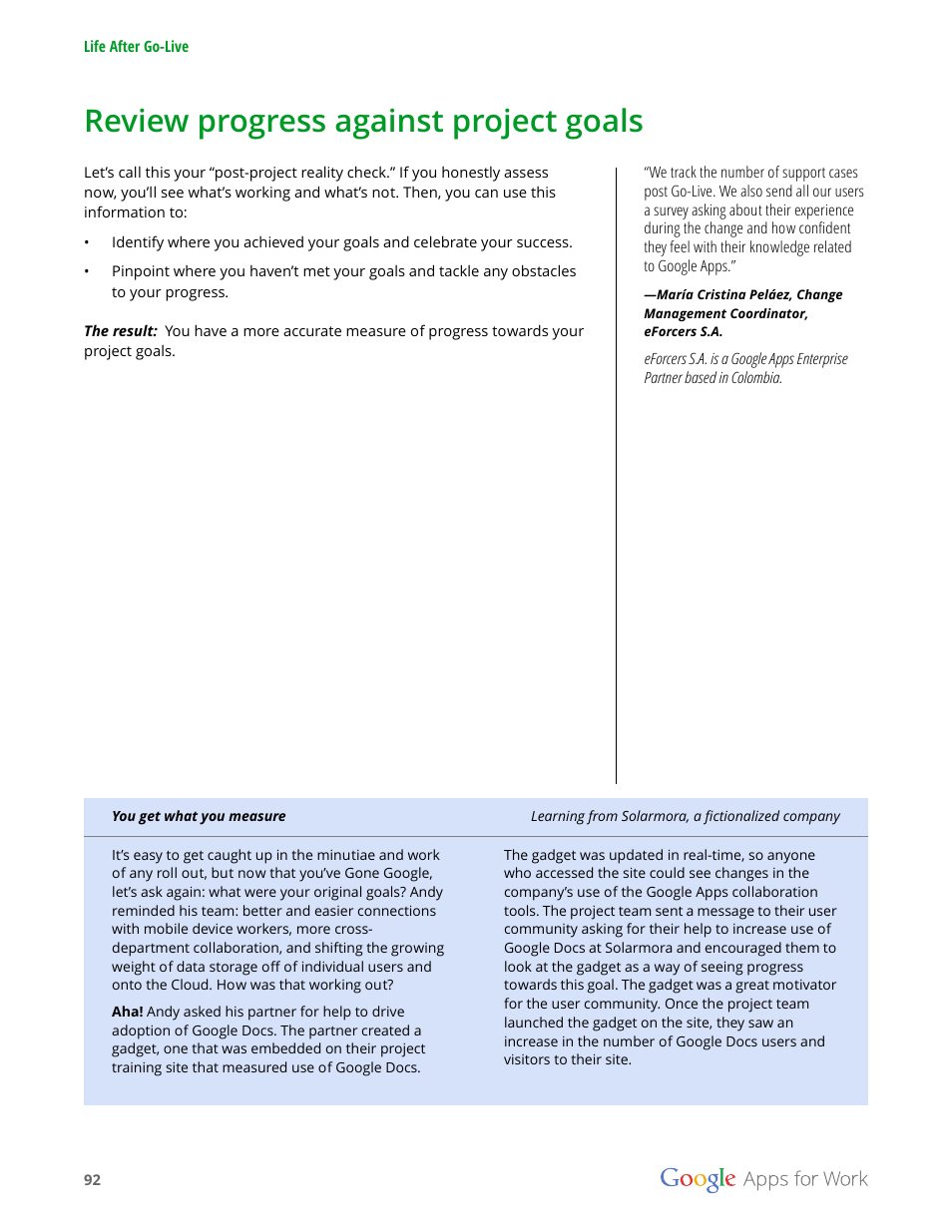 Review progress against project goals | Google Apps for Work User Manual | Page 92 / 120