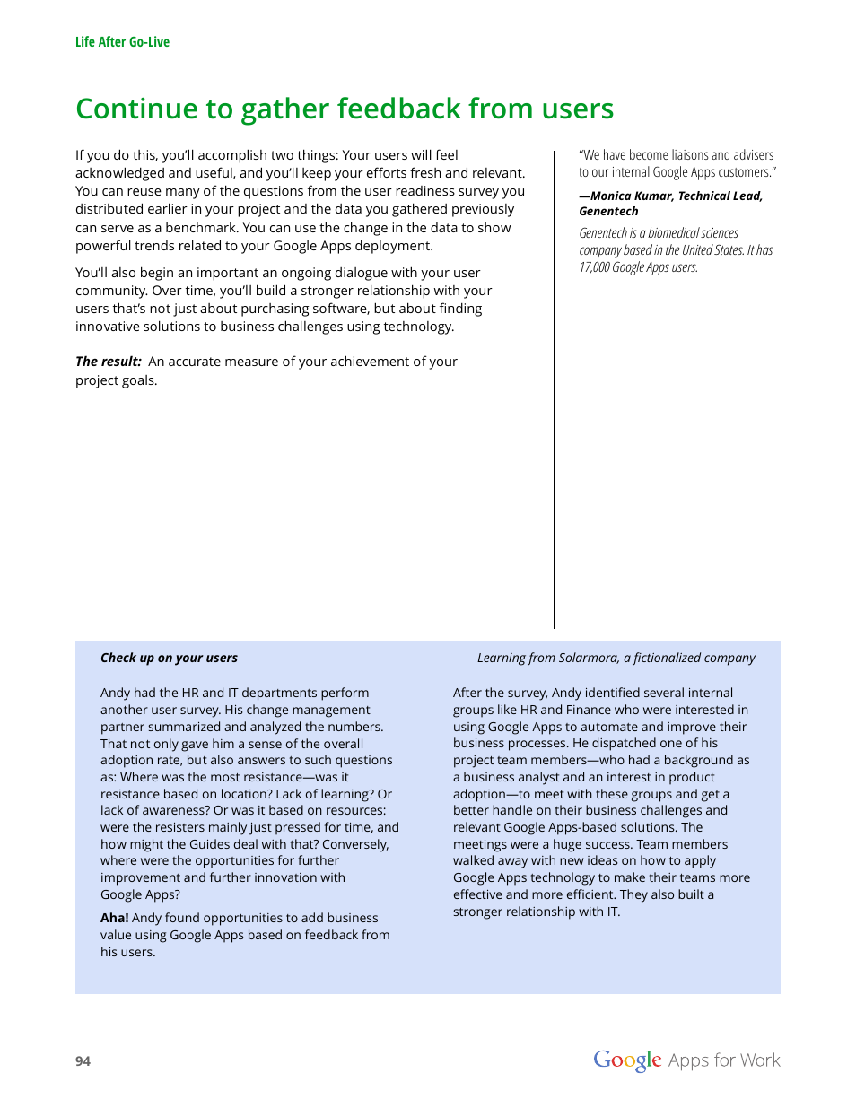 Continue to gather feedback from users | Google Apps for Work User Manual | Page 94 / 120