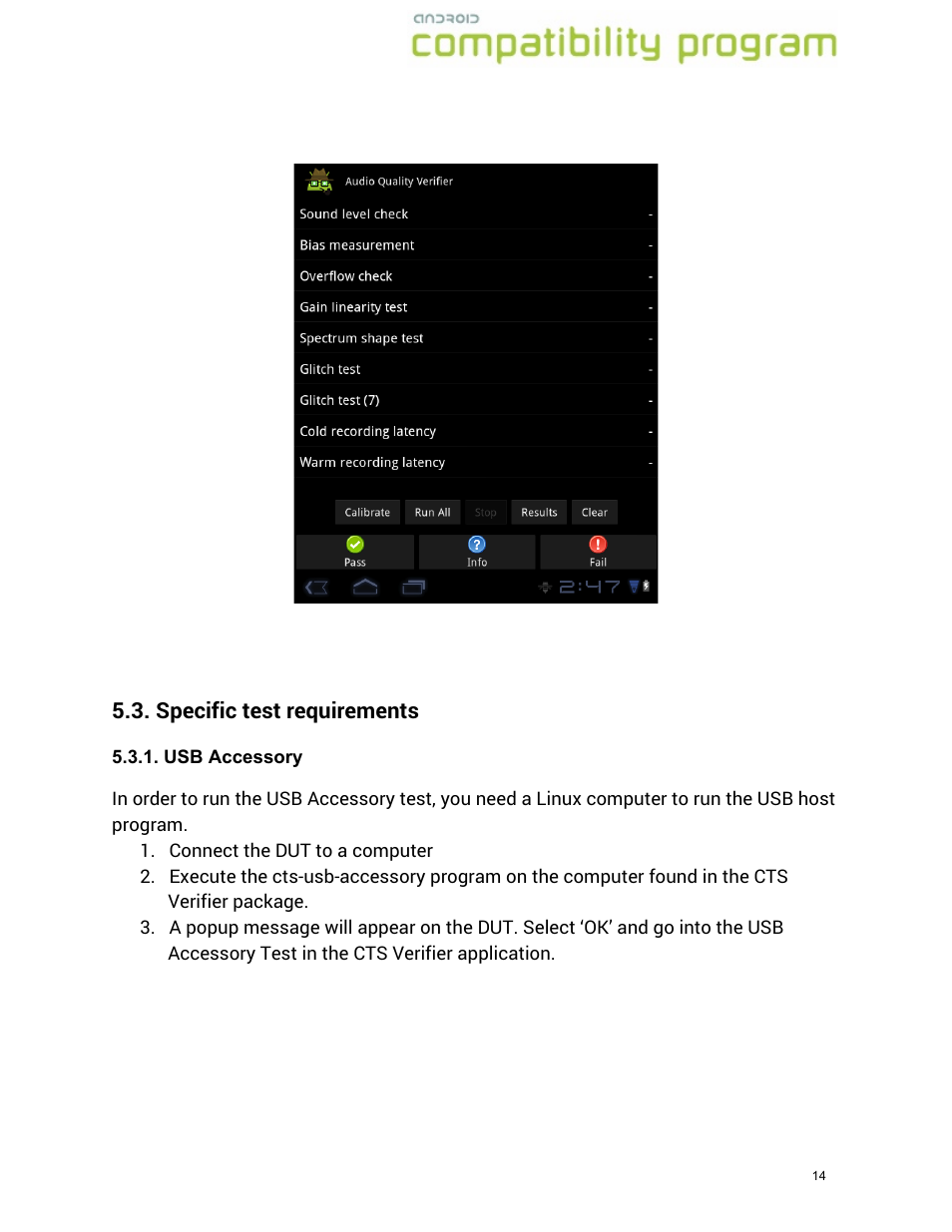 Specific test requirements | Google Compatibility Test Suite (CTS) User Manual User Manual | Page 14 / 21