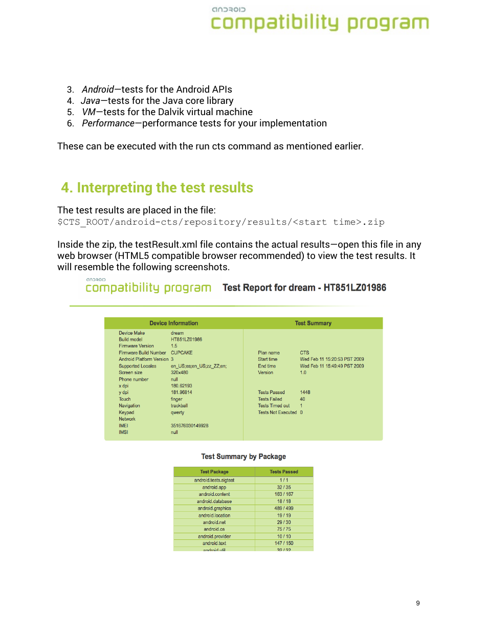 Interpreting the test results | Google Compatibility Test Suite (CTS) User Manual User Manual | Page 9 / 21