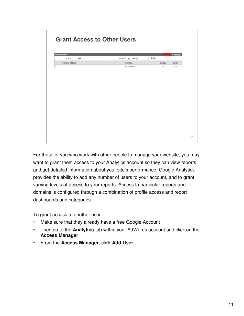 Grant access to other users | Google Analytics Guide User Manual | Page 11 / 48