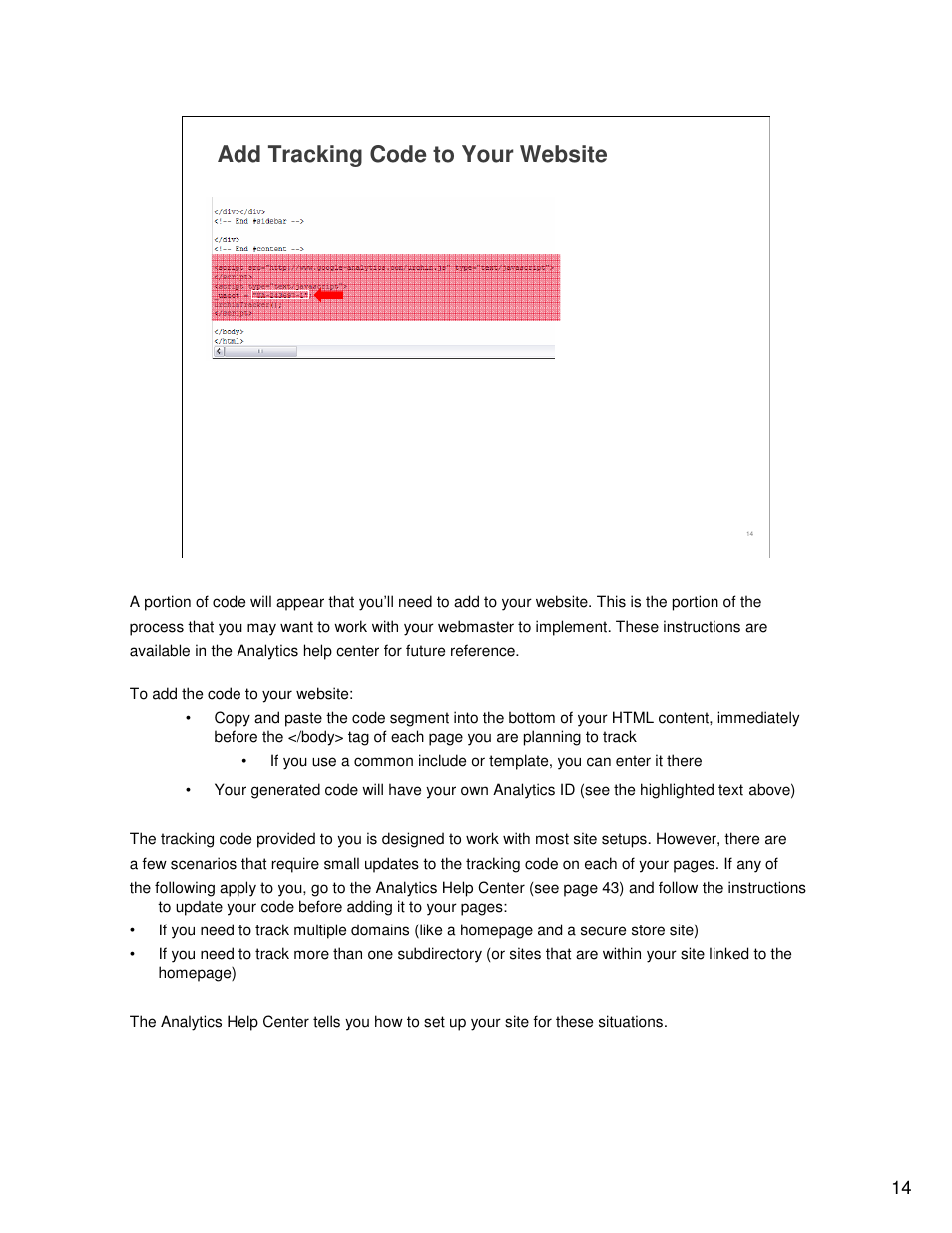 Add tracking code to your website | Google Analytics Guide User Manual | Page 14 / 48