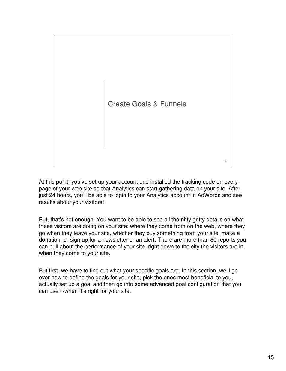 Create goals & funnels | Google Analytics Guide User Manual | Page 15 / 48