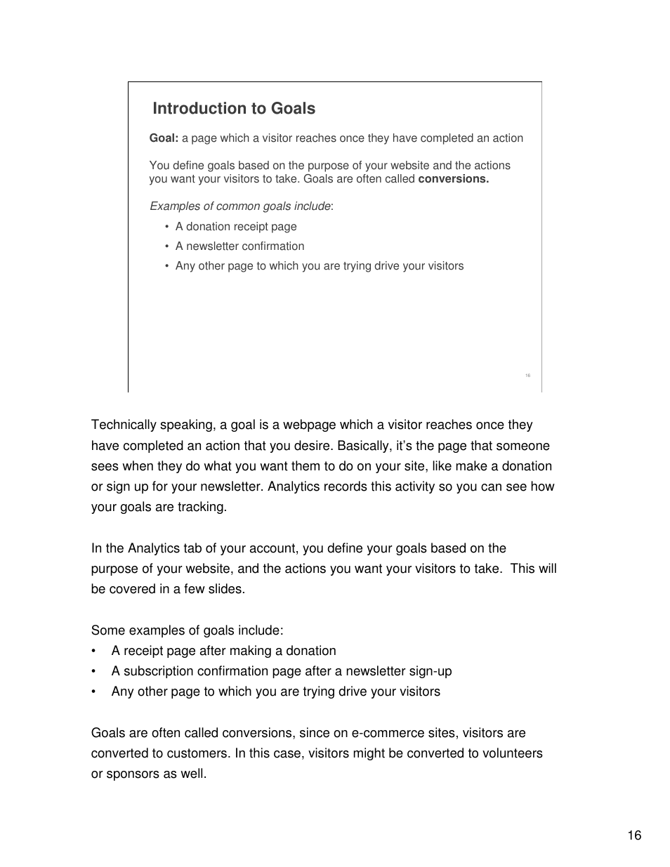 Introduction to goals | Google Analytics Guide User Manual | Page 16 / 48