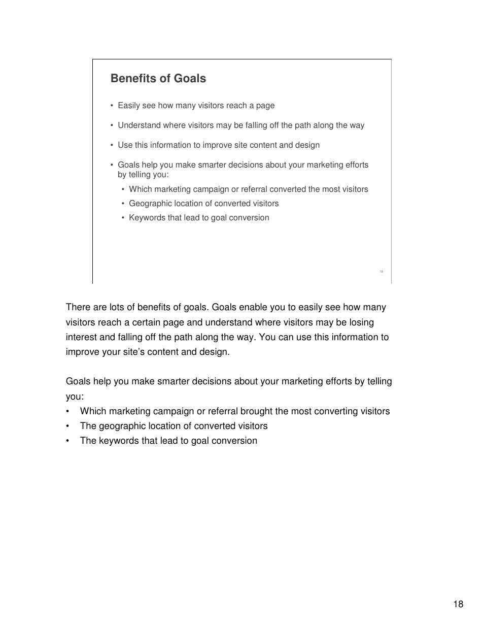 Benefits of goals | Google Analytics Guide User Manual | Page 18 / 48