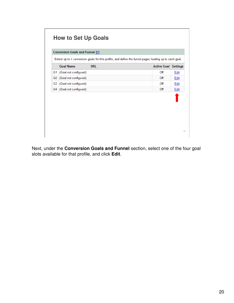 How to set up goals | Google Analytics Guide User Manual | Page 20 / 48