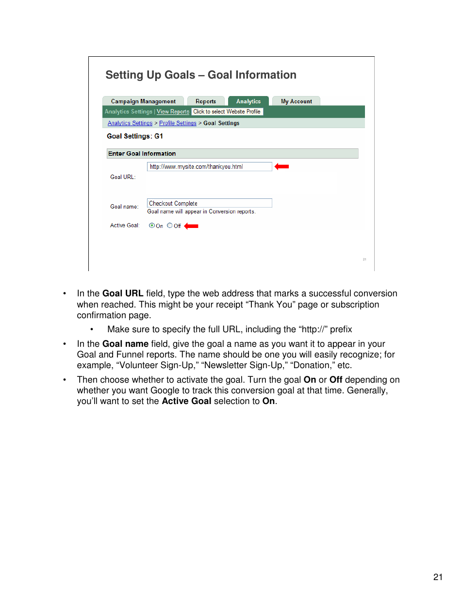 Setting up goals – goal information | Google Analytics Guide User Manual | Page 21 / 48