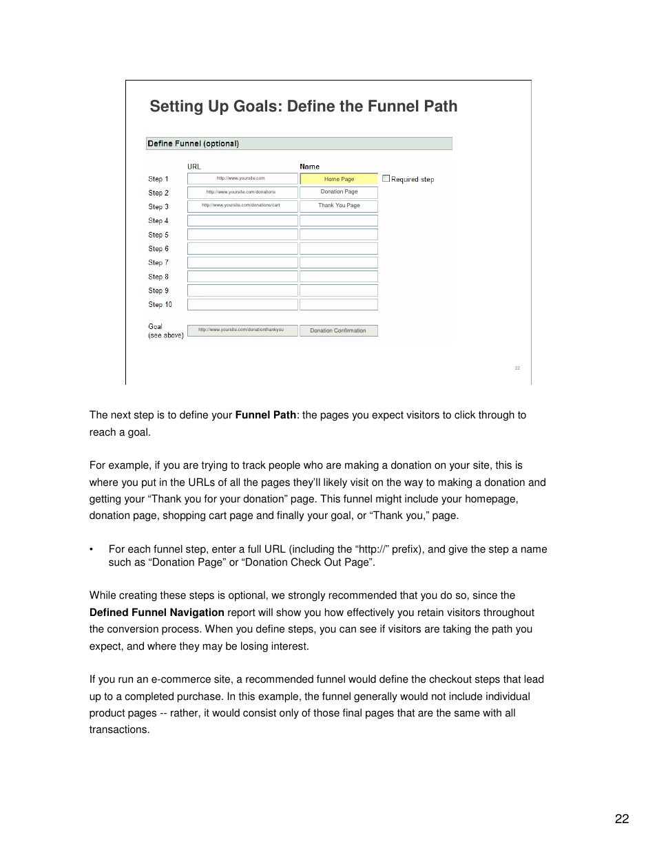 Setting up goals: define the funnel path | Google Analytics Guide User Manual | Page 22 / 48