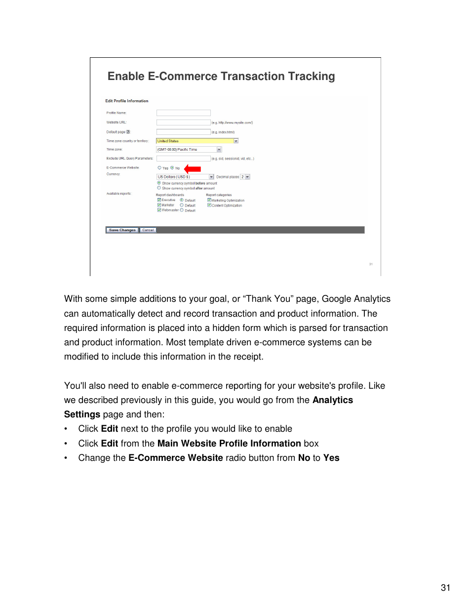 Enable e-commerce transaction tracking | Google Analytics Guide User Manual | Page 31 / 48