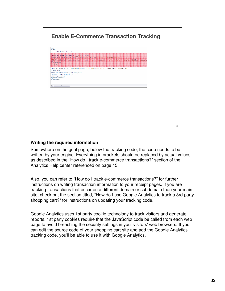 Enable e-commerce transaction tracking | Google Analytics Guide User Manual | Page 32 / 48