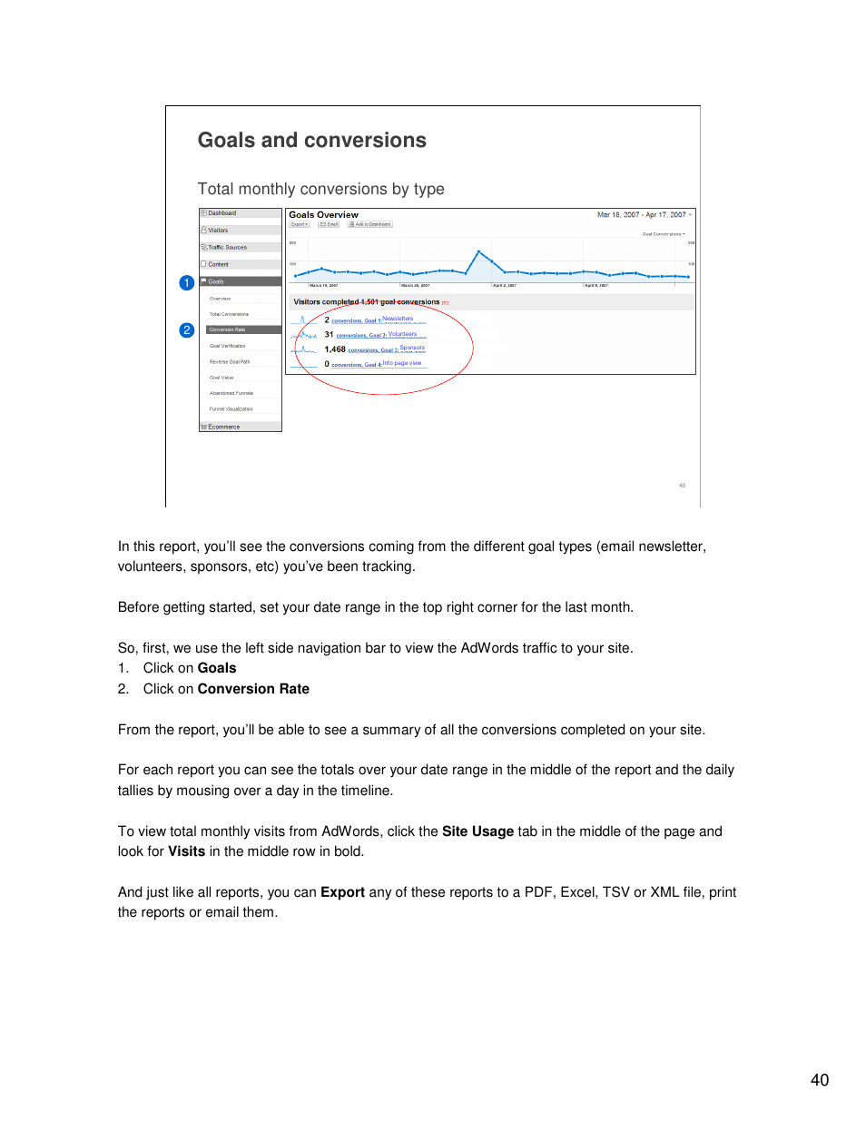Goals and conversions, Total monthly conversions by type | Google Analytics Guide User Manual | Page 40 / 48