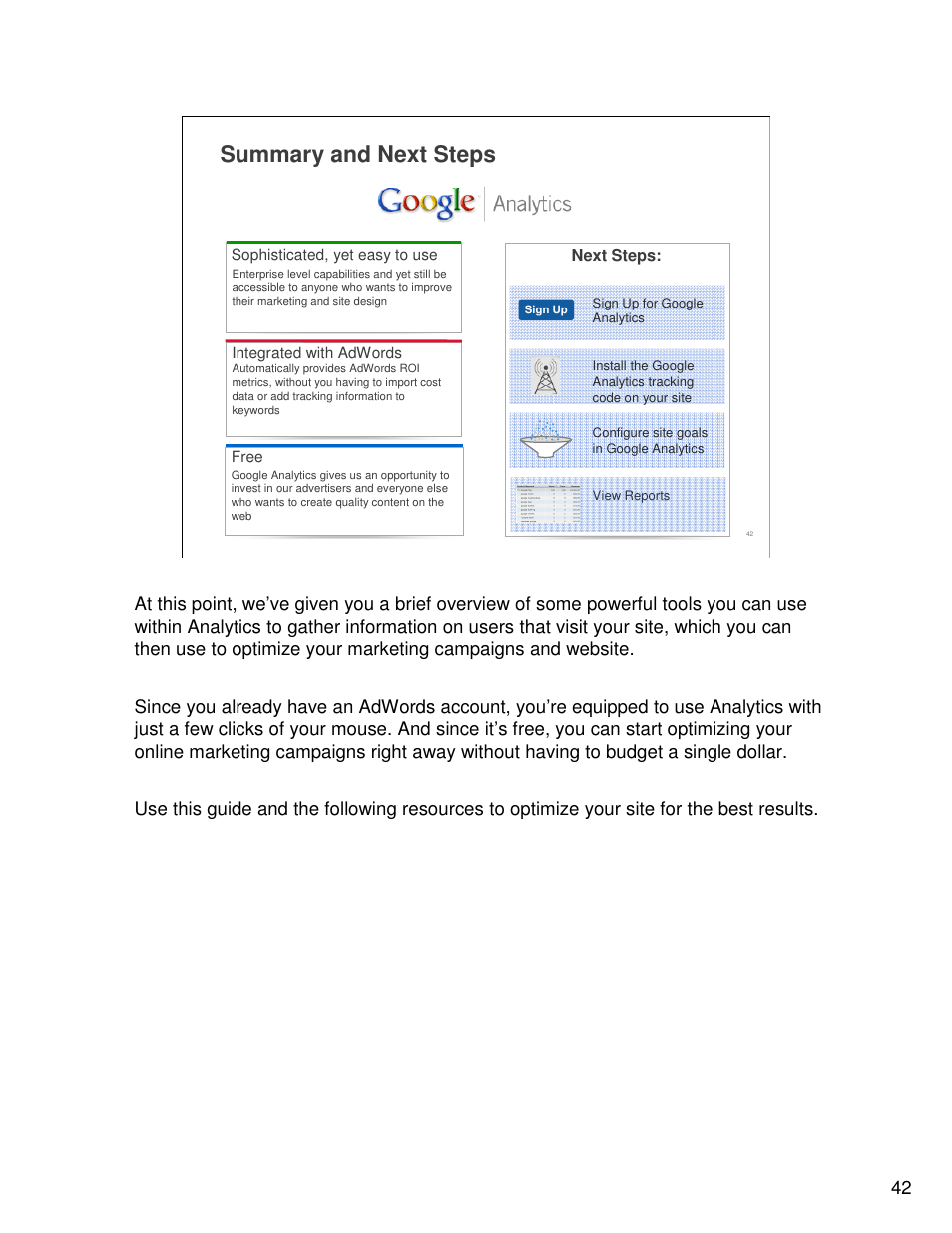 Summary and next steps | Google Analytics Guide User Manual | Page 42 / 48