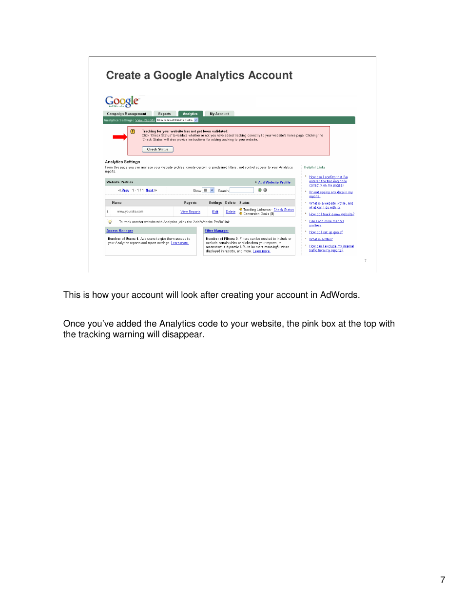 Create a google analytics account | Google Analytics Guide User Manual | Page 7 / 48