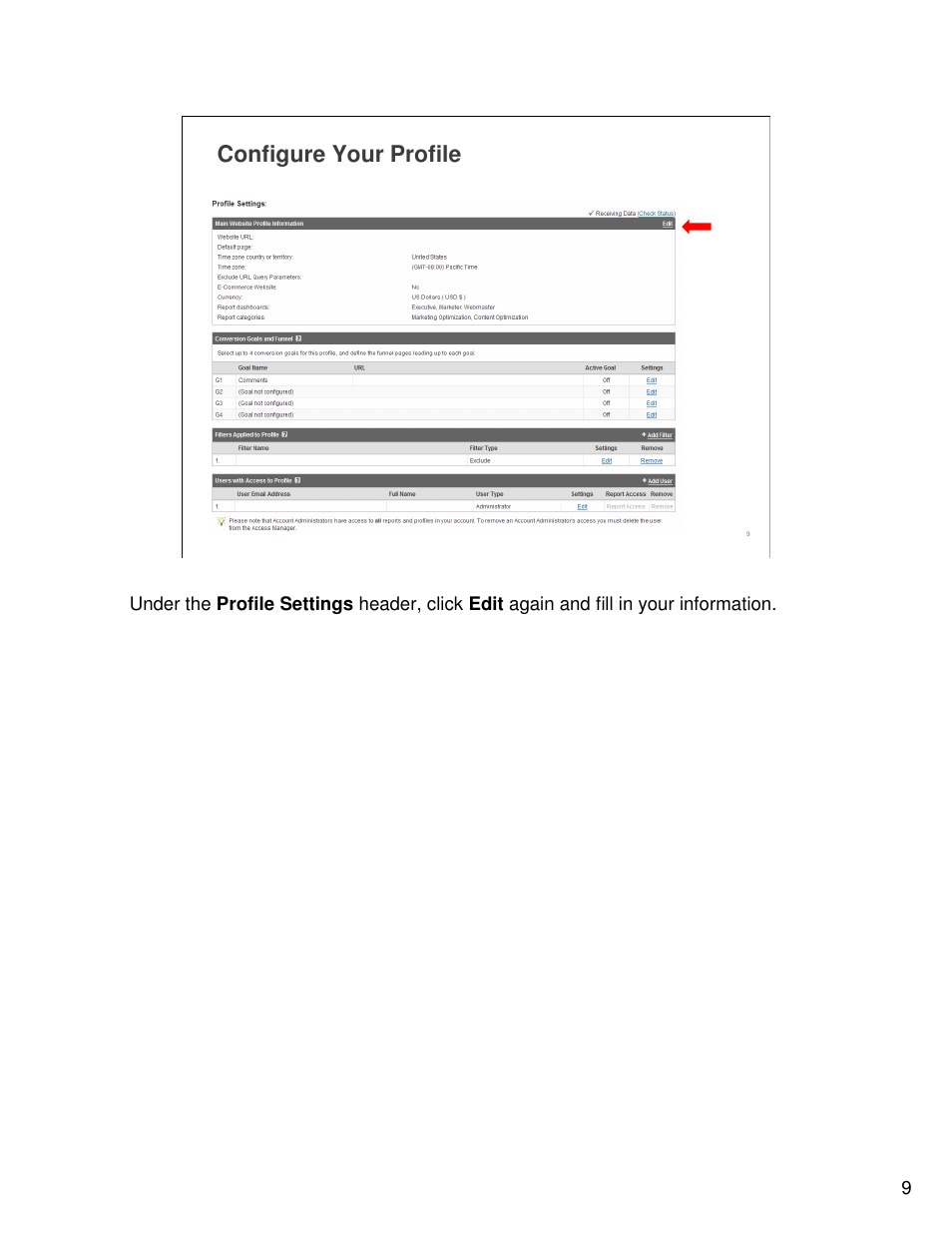 Configure your profile | Google Analytics Guide User Manual | Page 9 / 48