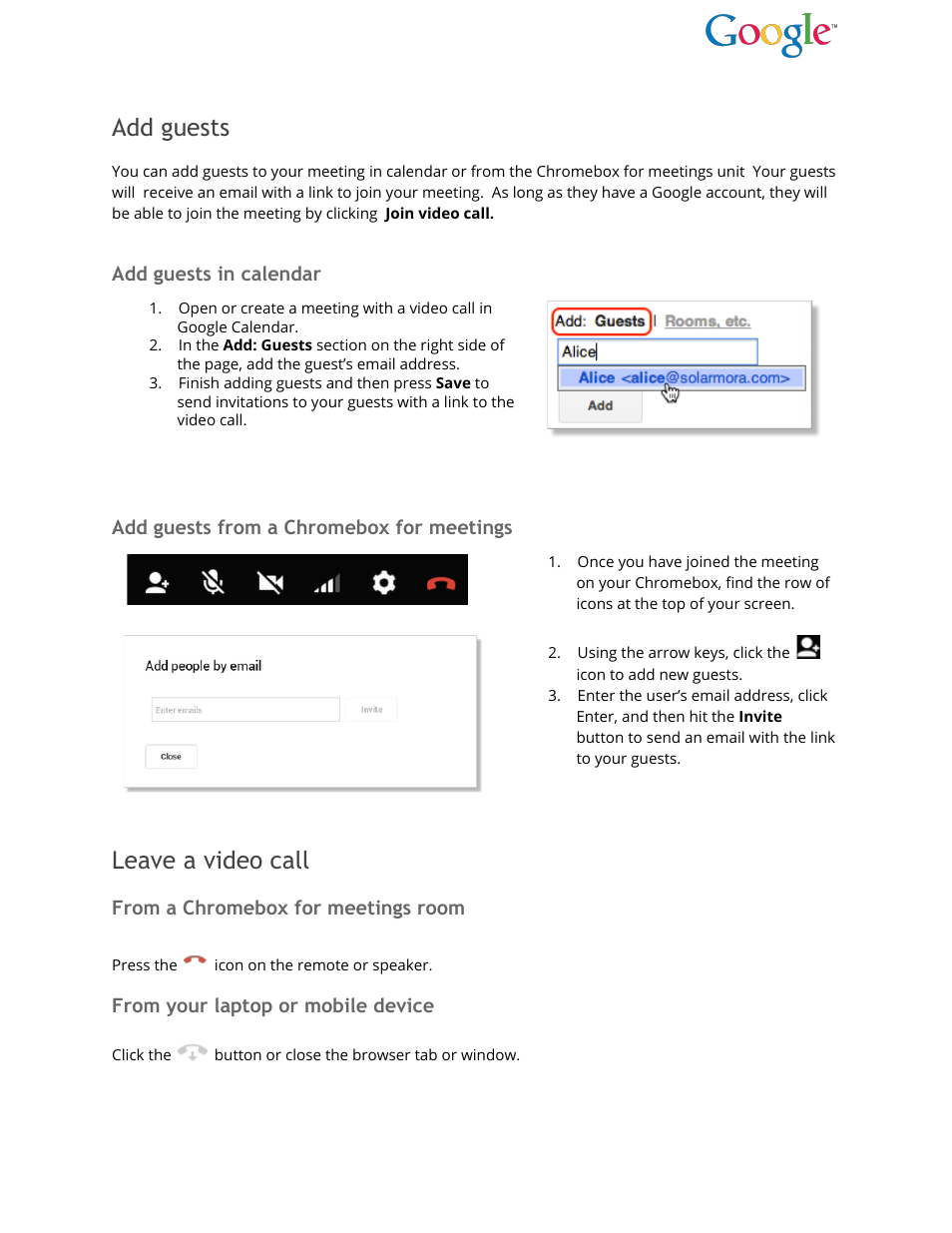 Add guests, Leave a video call | Google Chromebox for meetings Quick Guide User Manual | Page 4 / 4