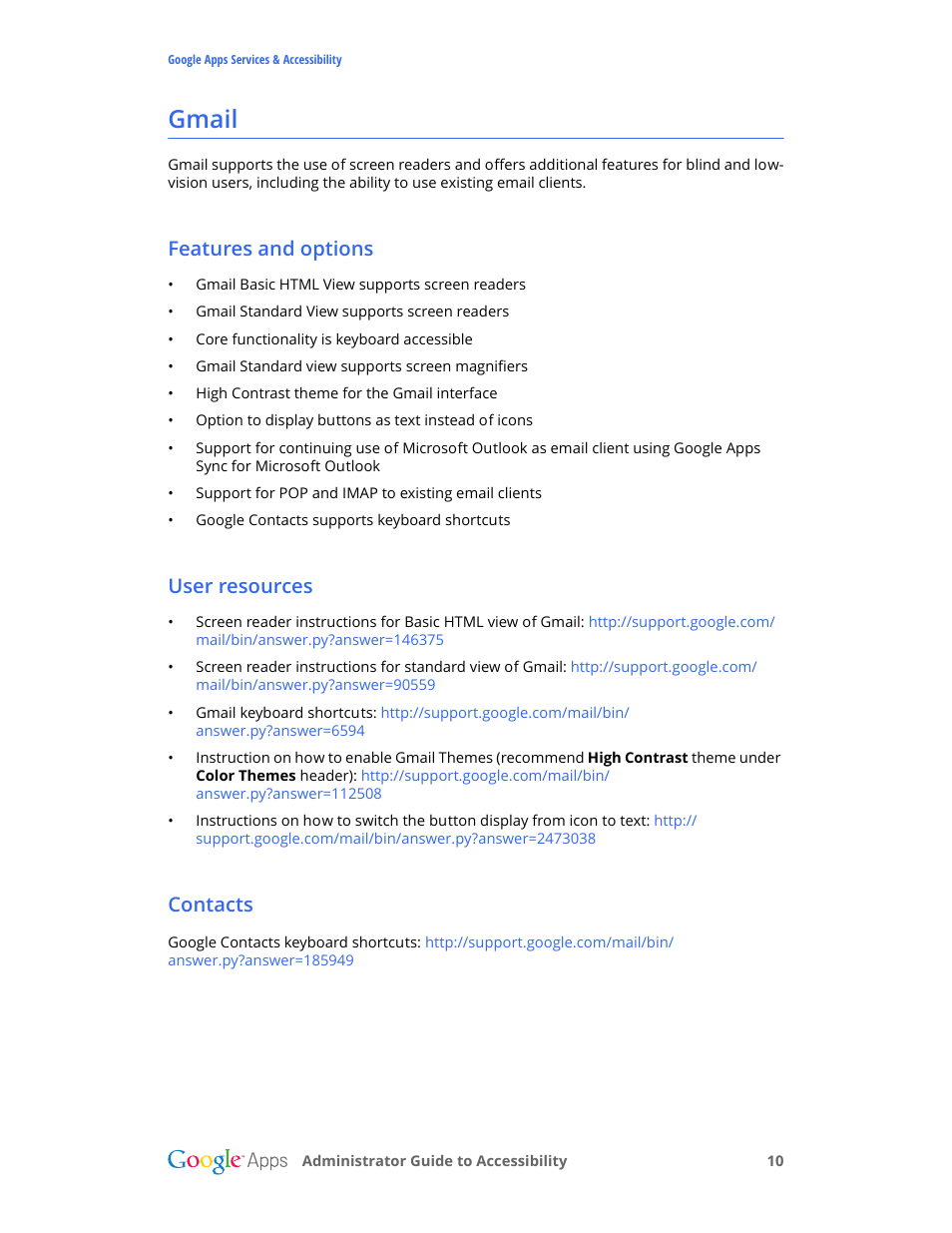 Gmail, Features and options, User resources | Contacts | Google Accessibility Administrator Guide User Manual | Page 10 / 21