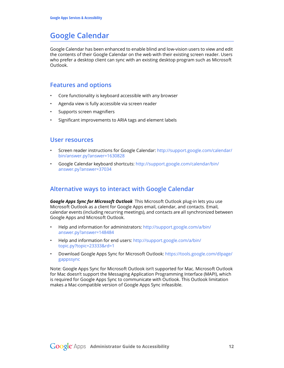 Google calendar, Features and options, User resources | Alternative ways to interact with google calendar | Google Accessibility Administrator Guide User Manual | Page 12 / 21