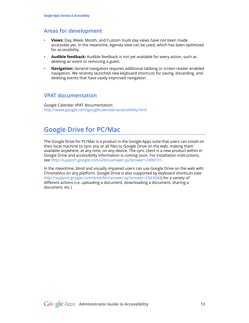 Areas for development, Vpat documentation, Google drive for pc/mac | Google Accessibility Administrator Guide User Manual | Page 13 / 21