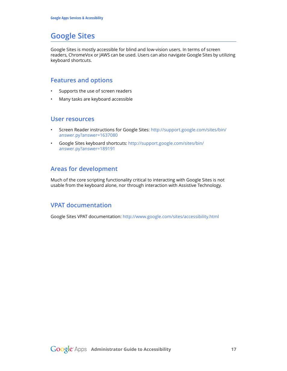 Google sites, Features and options, User resources | Areas for development, Vpat documentation | Google Accessibility Administrator Guide User Manual | Page 17 / 21