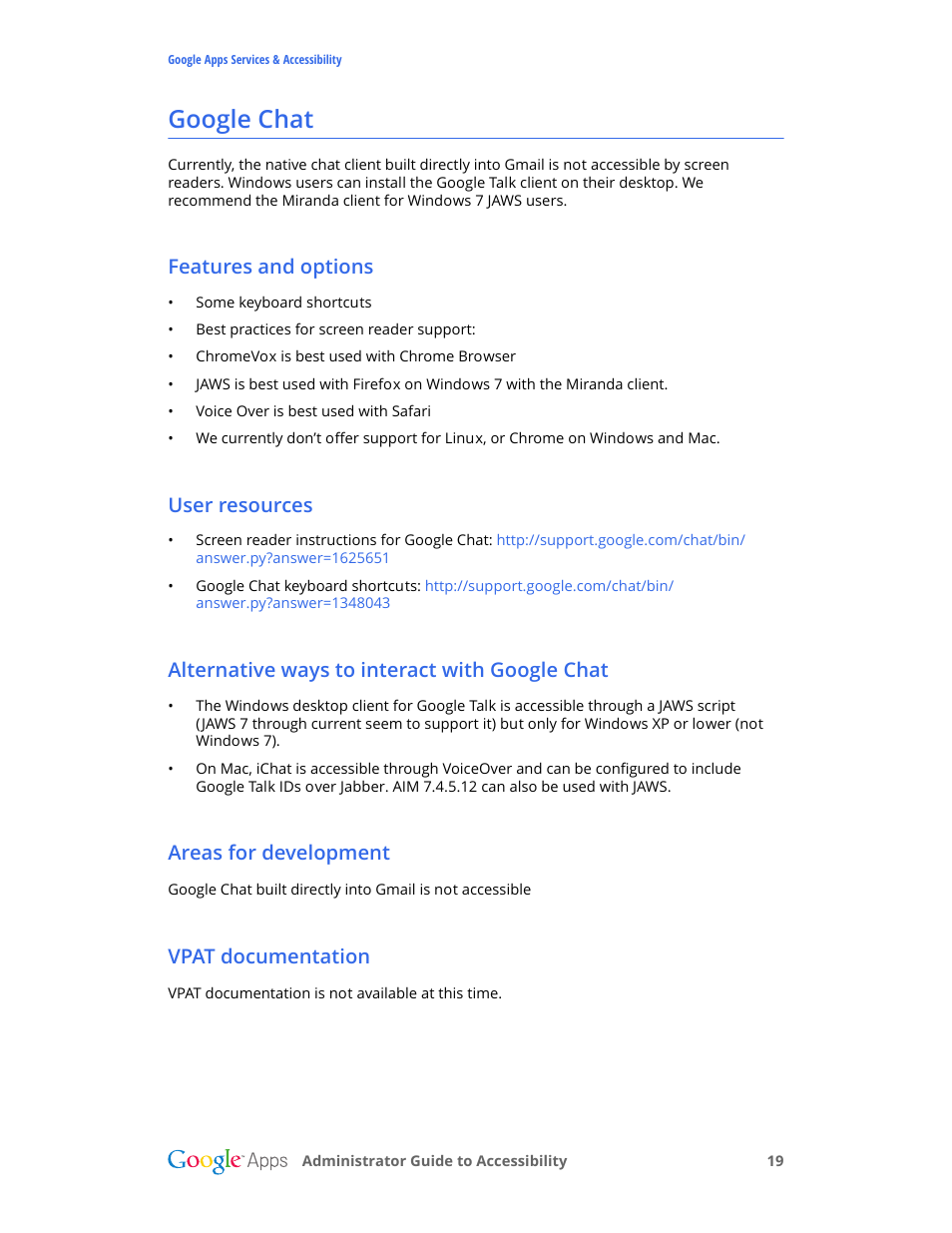 Google chat, Features and options, User resources | Alternative ways to interact with google chat, Areas for development, Vpat documentation | Google Accessibility Administrator Guide User Manual | Page 19 / 21