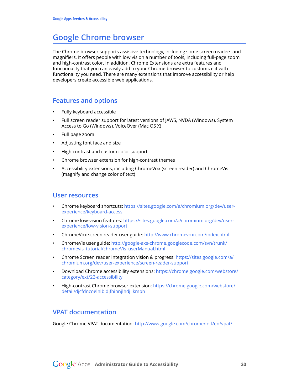 Google chrome browser, Features and options, User resources | Vpat documentation | Google Accessibility Administrator Guide User Manual | Page 20 / 21
