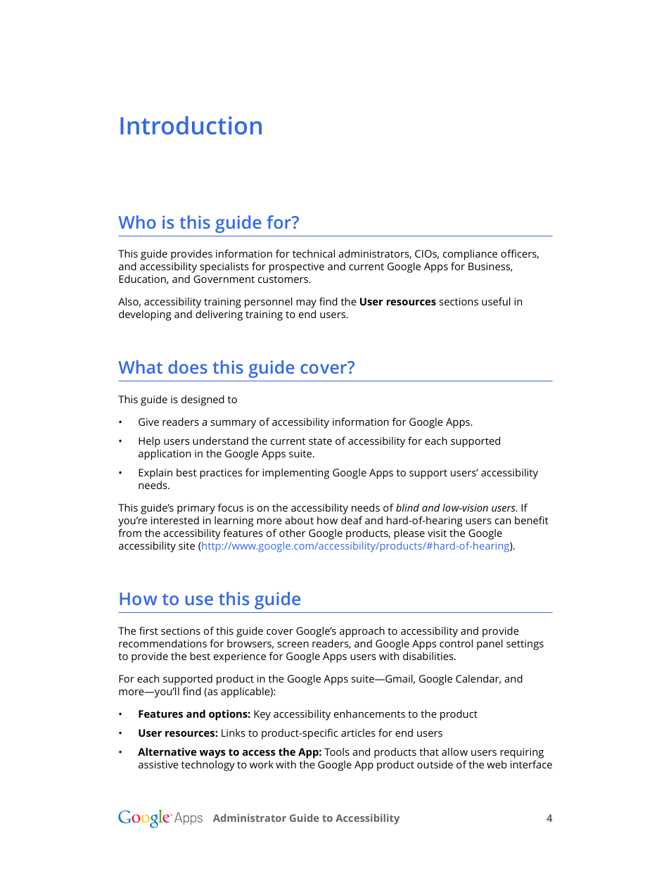 Introduction, Who is this guide for, What does this guide cover | How to use this guide | Google Accessibility Administrator Guide User Manual | Page 4 / 21